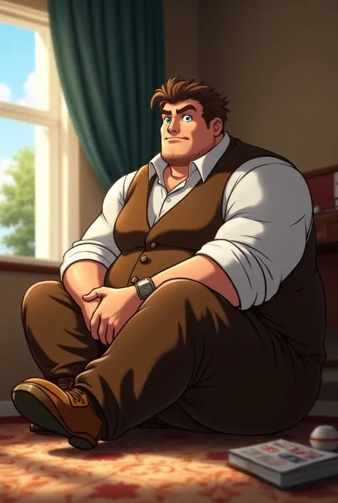 Anime image, chubby man, anime, muscular, blue eyes, brown hair, stubble, handsome, wears his brown waistcoat with white shirt around him, his brown pants, his leather brown shoes on, in the hotel room, he sits down on the carpet, I look at his knees where...