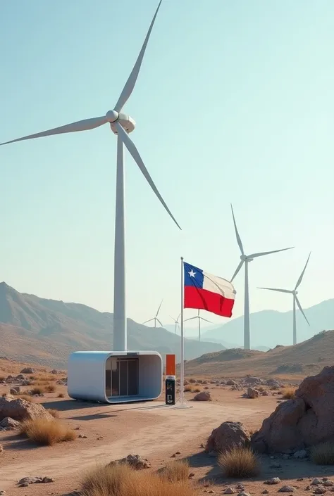 Backwater wind power plant,  more central: an electric vehicle charging station and a Chilean flag