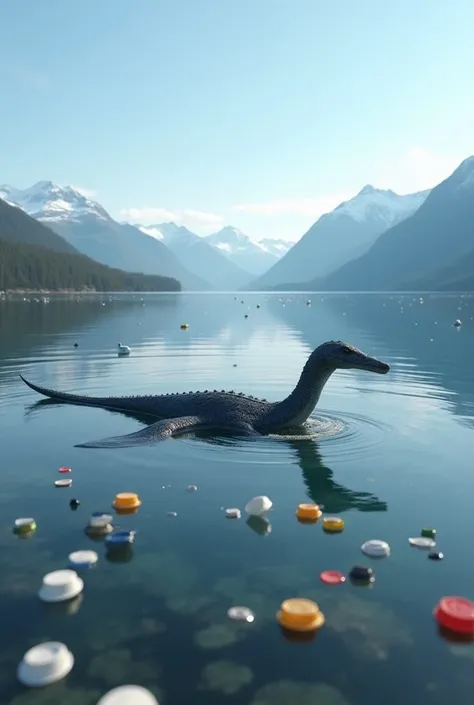 A plesiosaur swimming gracefully in a quiet lake ,  surrounded by plastic caps floating on the surface of the water .  The background landscape shows majestic snow-capped mountains , under a clear sky.  The contrast between the ancient marine creature and ...