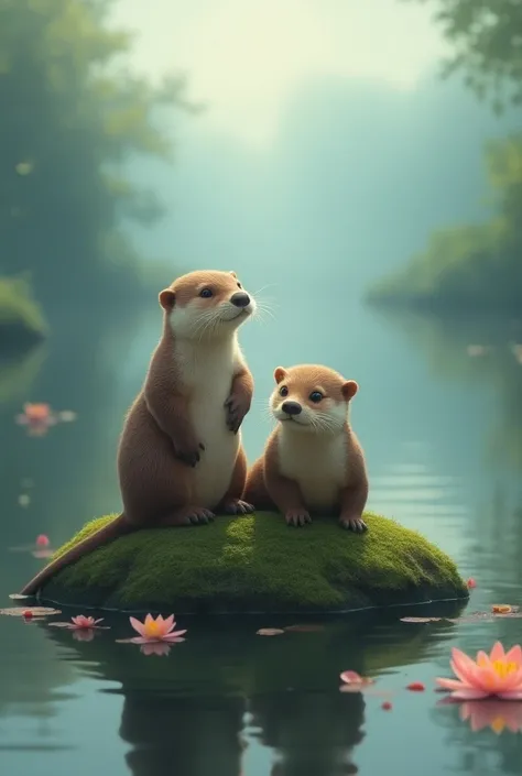 More about Otters on a Rock in a Dreamy Lake
A serene scene featuring two otters perched on a rock amidst a dreamy lake filled with glowing lilies. Misty landscapes and soft colors create a tranquil, magical atmosphere.