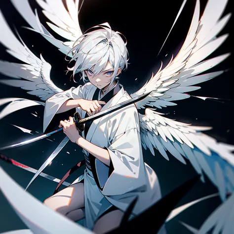 epic art, 1 nephalem man, half angel-half demon, color correction, Professional, school playfield background

white hair, silver eyes, kimono, black and white angel wings, holding a katana,