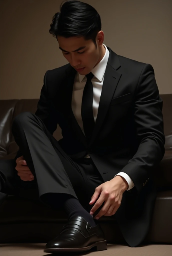 A sexy japanese guy in suit and tie, putting his feet on a footrest, take of his shoes, wearing his black socks 