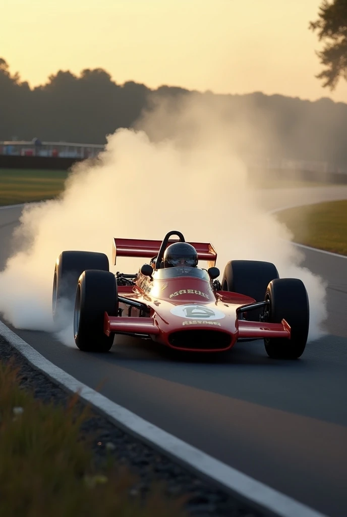 High-quality and super detailed photograph of a 1975 Formula 1 car sding in a curve, with a lot of smoke coming out of the rear wheels, natural light. 