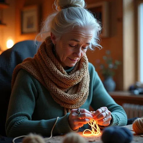 Cyborg Grandma: a sweet old lady with cybernetic implants knitting a fiber optic scarf against the background of a futuristic dacha.