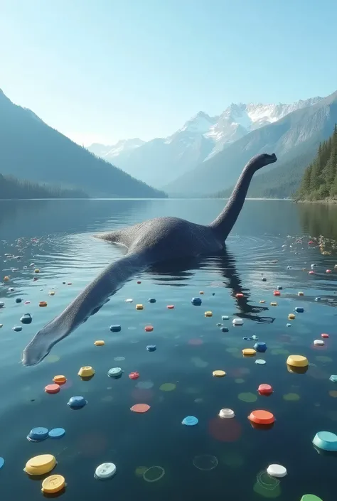 A gigantic plesiosaur swimming gracefully in a tranquil lake,  surrounded by plastic caps floating on the surface of the water .  The background landscape shows majestic snow-capped mountains , under a clear sky.  The contrast between the ancient marine cr...