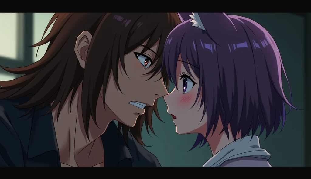  an anime guy and Brown Hair , red eyes, long hair,  scary ,   and this person was getting too close to gay and the other guy and looking very creepy, kissing .  other guy short ,  blush, smile,  Short Hair , purple eyes, cat ears, scared , ikisi kissing  ...