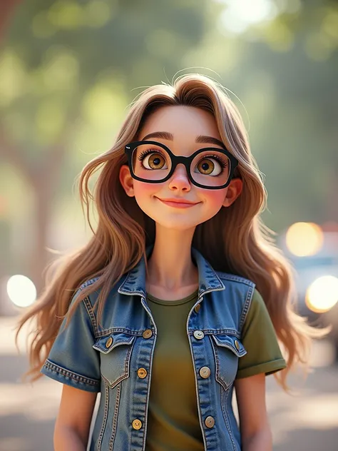 Pixar style image with 3D character black square glasses brunette woman long hair olive, Maquiagem Disney, olive green t-shirt and blue jeans, Close-up, Pixar, Disney, 