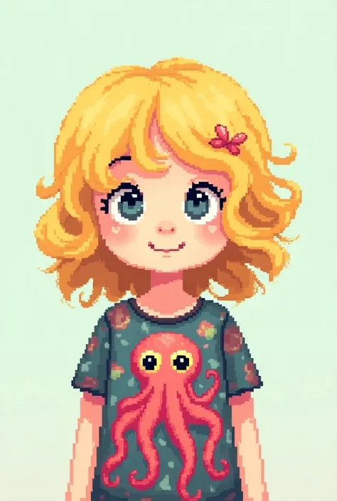 draw, Pixel Art, a blonde girl, curly haired, wearing an octopus shirt