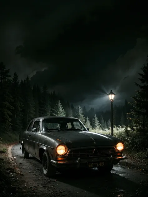 detailed vintage car in a dark forest at night, car repair shop, old rusty car parked, headlights on, dark cloudy sky, spooky tr...