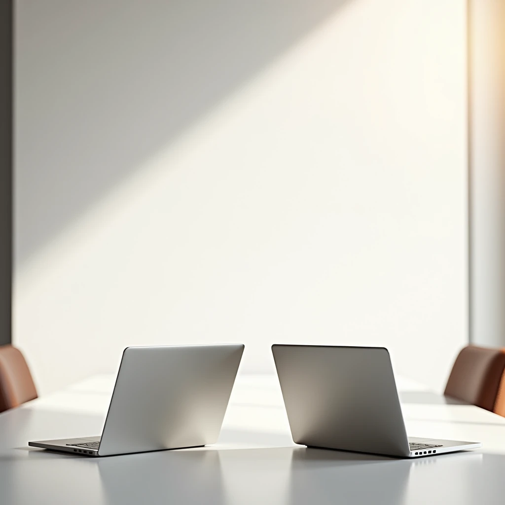 make a meeting environment & open laptops, white background.