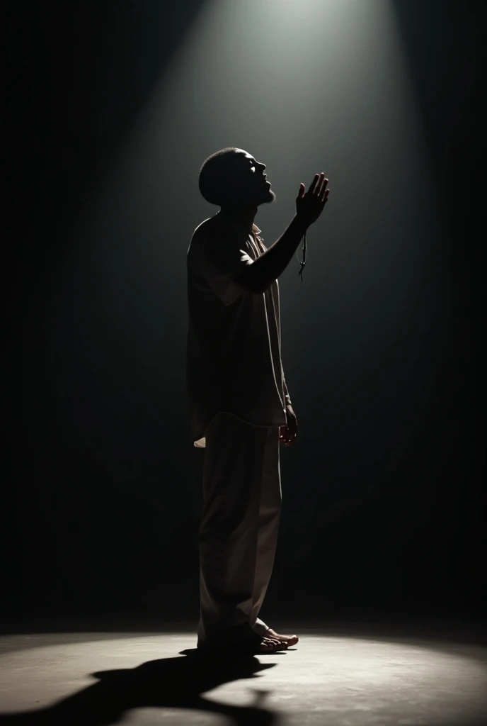 A slim male Jamaican musician shadow lifting his hand to worship God on stage 