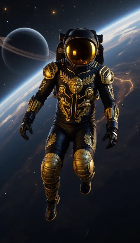 Astronaut wearing a Versace spacesuit in space: The astronaut is dressed in a luxurious, futuristic Versace-style spacesuit. The suit is jet black with opulent gold accents, featuring intricate Baroque patterns across the arms and chest. Gold Medusa emblem...