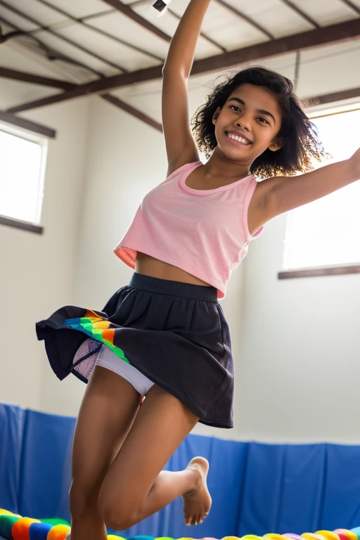 "Sri Lankan Teen girl with white face and freckles, black hair, 13yo, wearing a rainbow colored lightweight sleeveless short linen dress, pink cotton panties, and wearing socks without shoes, jumping around a trampoline park, smiling proudly, her skirt fli...