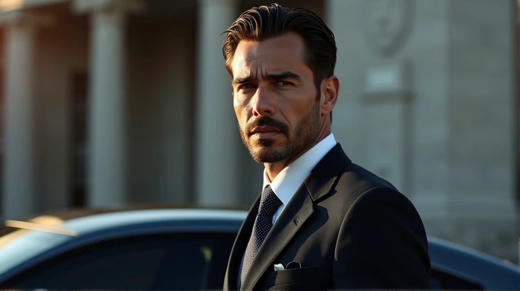 a white american man in a suit, standing next to a car, fierce face, no beard, small eyes, calm gaze, opposite angle, sharp face. image (sharp, exquisite, beautiful light, 8k, no errors)