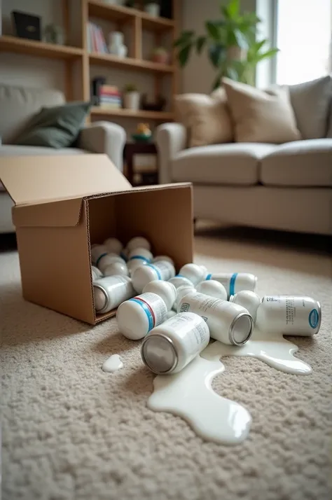  An open box containing 12 cans of whipped cream spray , on the floor of a living room in a house 