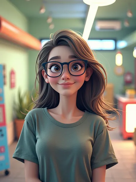 Pixar style image with 3D character black square glasses brunette woman diamnd shape smile, long hair olive, Maquiagem Disney, olive green t-shirt, Close-up, Pixar, Disney, 