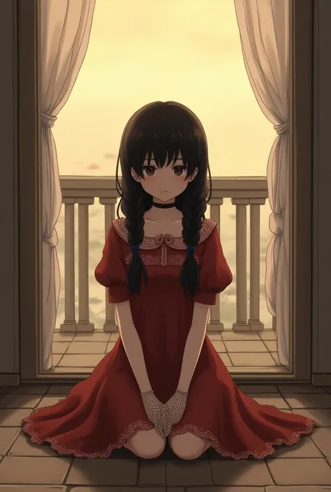  a sad illustration of a girl with black hair braided in two ,  wearing a reddish dress with white edges , sitting on the balcony floor ,  windows open and curtains moving through the wind and the warm sky but without a bright sun .  her hands on either si...