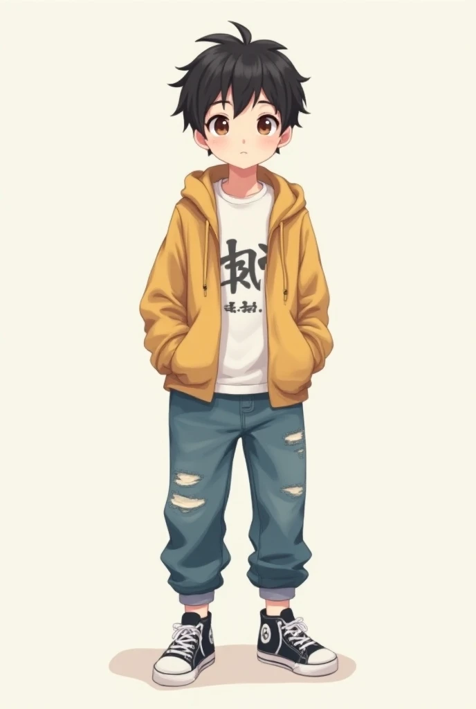 Make anime human boy. He has a soft demeanor and wears nerdy streetwear 
