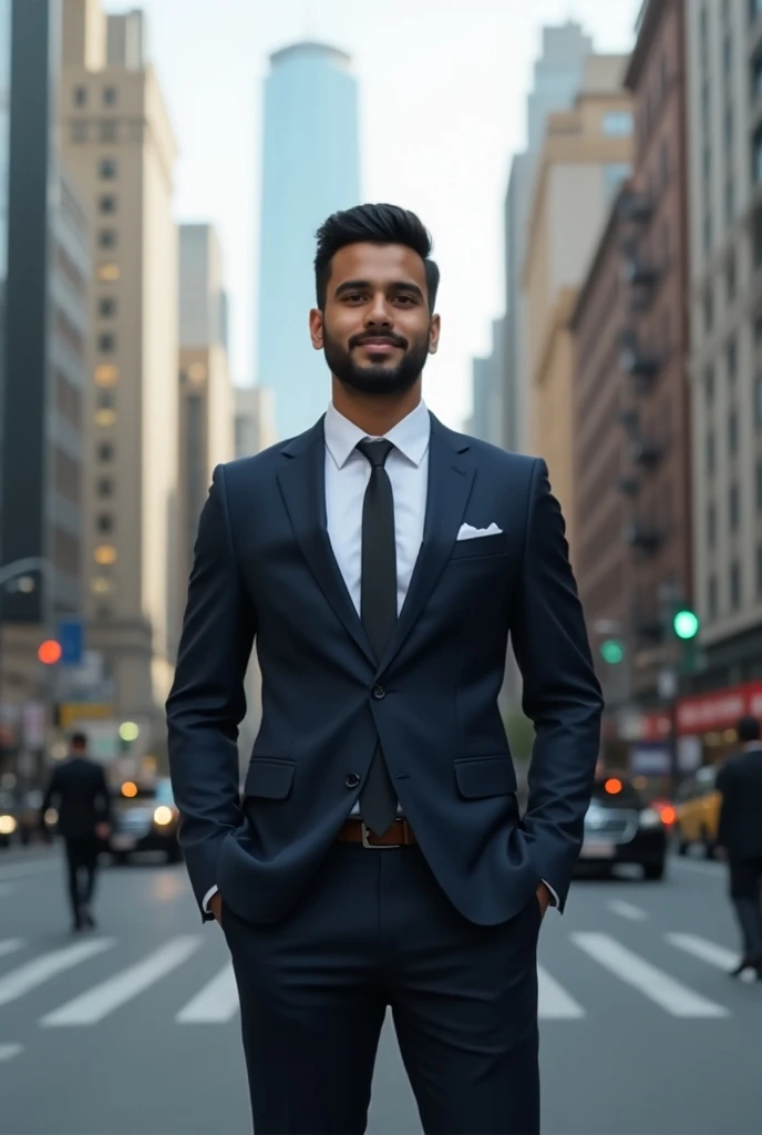 24 year indian boy full body professional suit with city street background 
