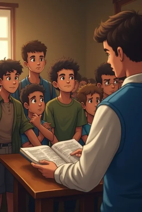 Boys paying attention to a man in a blue shirt with white sleeves from the Missionary Kings ambassadors taught the Bible in a more realistic room make the room bigger