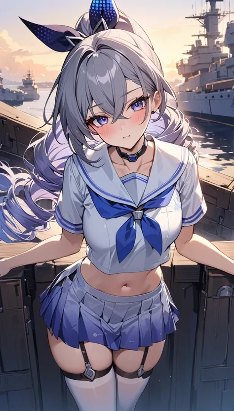 (masterpiece), best quality, perfect face, Score_9 ,(low light),

Silver wolf,(honkai star rail) , upper body, athletic body,close up , front view,Short sleeve, huge Chest, blush,Harbor scenery,Sea, sky, long hair, drill hair, hight ponytail, sailor school...