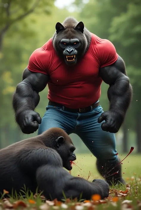 A muscular cat father in red tshirt and blue jeans knock down a gorilla on the ground and drain his blood in the park ai image