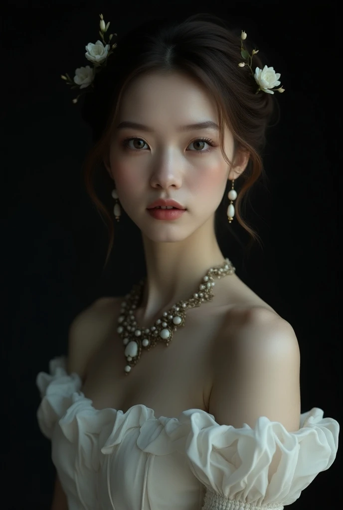 best quality, masterpiece,  High resolution , 1 girl, Porcelain dress, hair accessories, Necklace, Schmuck,  beautiful face , On Body, Tyndall effect, realistic, dark studio, Edge Lighting,  two-color lighting, (detailed skin: 1.2), 8K UHD, dslr, Soft ligh...