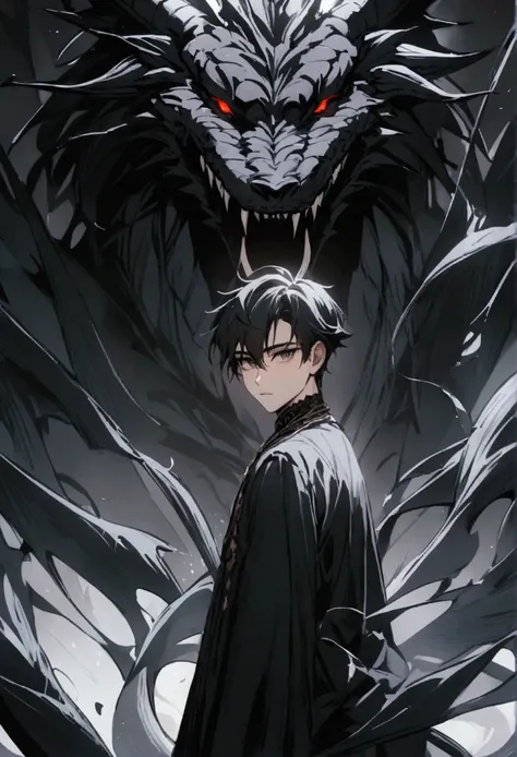 Young man with style 7 ,  haircut with black hair and his spirit animal is a demonic black dragon