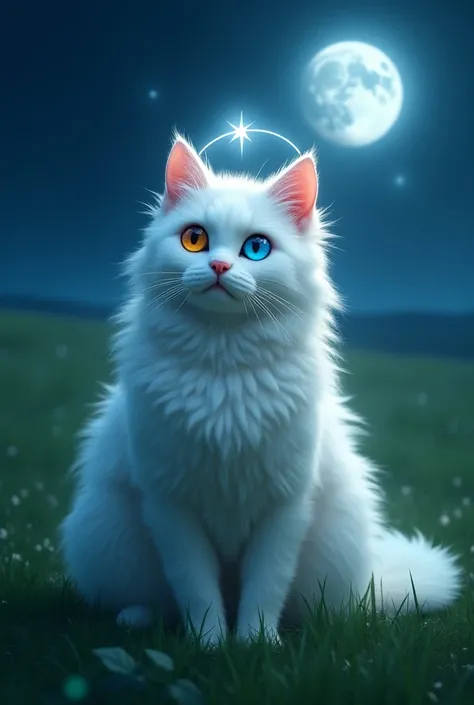 Very hairy adult white cat with heterochromia that has an aureole on its head playing on a green field at night where the moon and a star can be seen from afar
