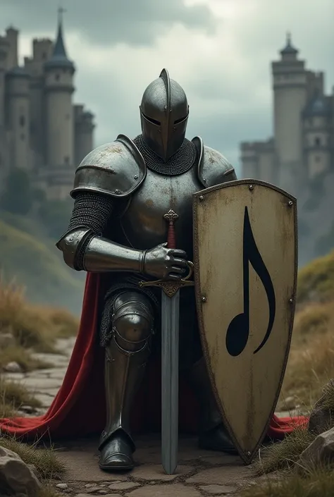 Knight in armor on his knees holding a sword and a shield with a musical note drawn on it