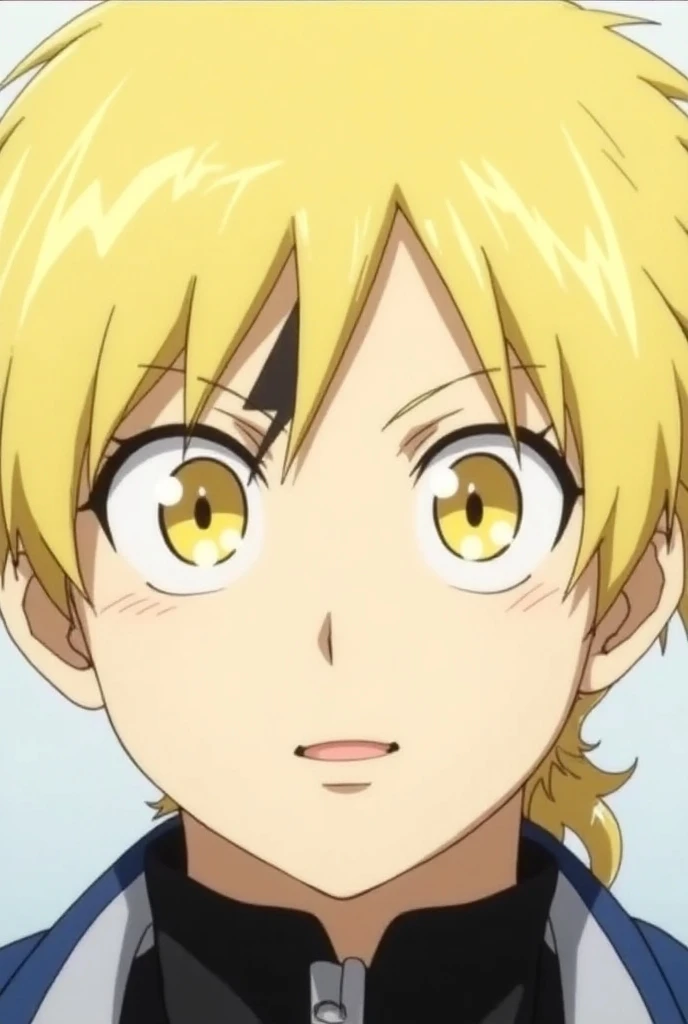 Screenshot of My hero Academy Boy named Denki Kaminari has blond hair, and he wears his hair to the right .  He also has a black stripe in the shape of a lightning bolt on the left of his head .
 His eyes are yellow and torn and are framed by small eyebrow...