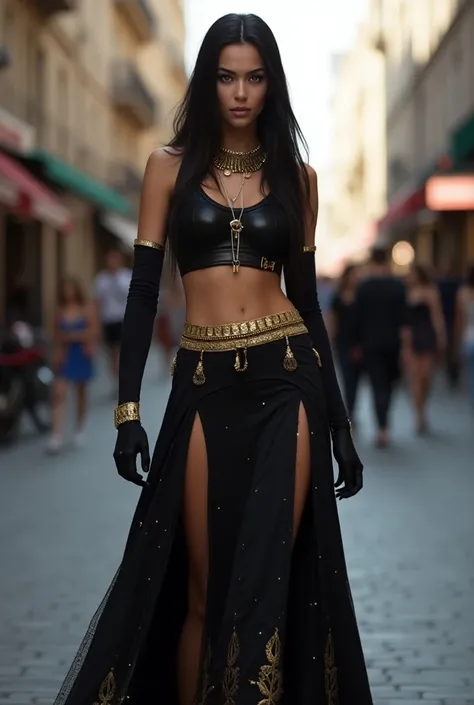  Hello my beautiful Chat GPT ,  I would like to ask you something please : Create me an image in which a costume that mixes rock is used + Egyptian style.  These clothes look like this : It is a tight short top in black with gold .   A long low waist black...