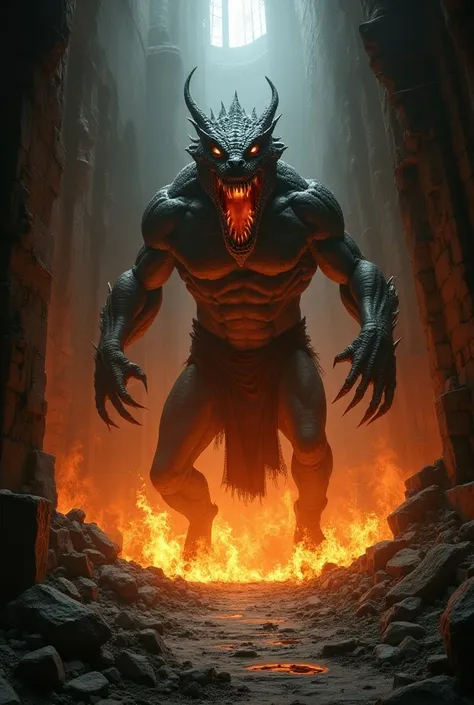 Interior of a dark tower in dusty ruins: a dragonman surrounded by flame