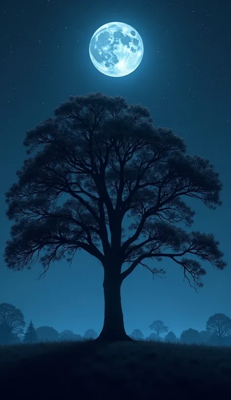 A tree with a full moon at midnight.