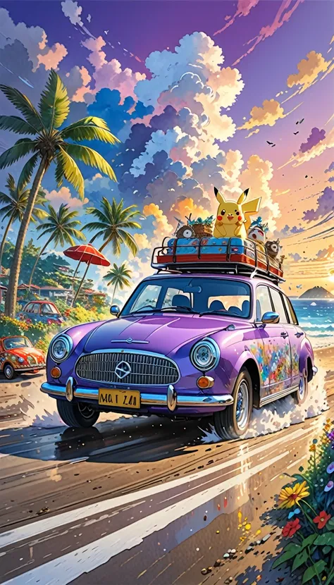 Takashi Murakami Style,8K Quality,Intense watercolor, Detailed watercolor art, Watercolor splash, Surreal, avant-garde pop art, Beautiful and expressive paintings, Beautiful artwork illustration, Very colorful tones,(((ピカチュウ driving a car CULLINAN in purpl...