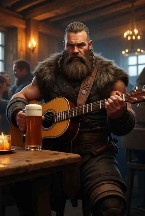 A Viking playing guitar and drinking beer