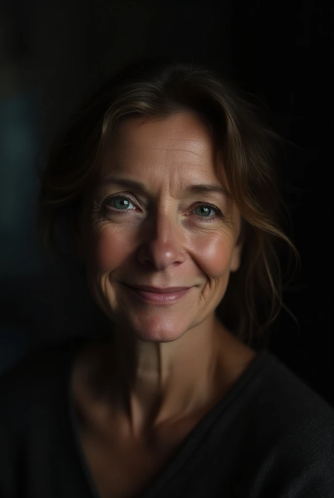 (close-up, editorial photograph of a 50 yo woman from the 2024s), (highly detailed face:1.4) (smile:0.7) (background inside dark, moody, private study:1.3) POV, by lee jeffries, nikon d850, film stock photograph ,4 kodak portra 400 ,camera f1.6 lens ,rich ...