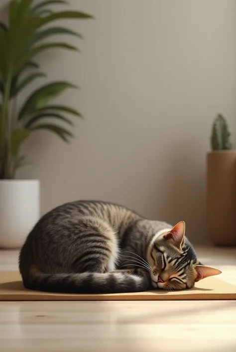 Create an image for me of a cat lying on the floor or on a relaxed, sleepy yoga mat