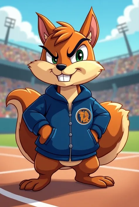 cartoon squirrel ,  inspired by Mario Bros football ,  the squirrel will be a school mascot, wearing a navy blue school-style jacket, Make her look a little rude,

