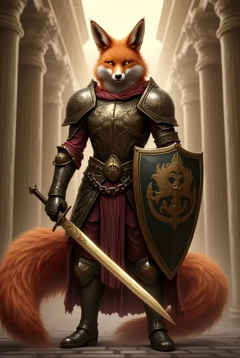 (digital art:1.2), noble male Kitsune with nine flowing tails, standing tall and confident in polished armor, armor adorned with intricate fox motifs and symbols of justice, light red fur with white-tipped ears and tails, piercing amber eyes reflecting det...