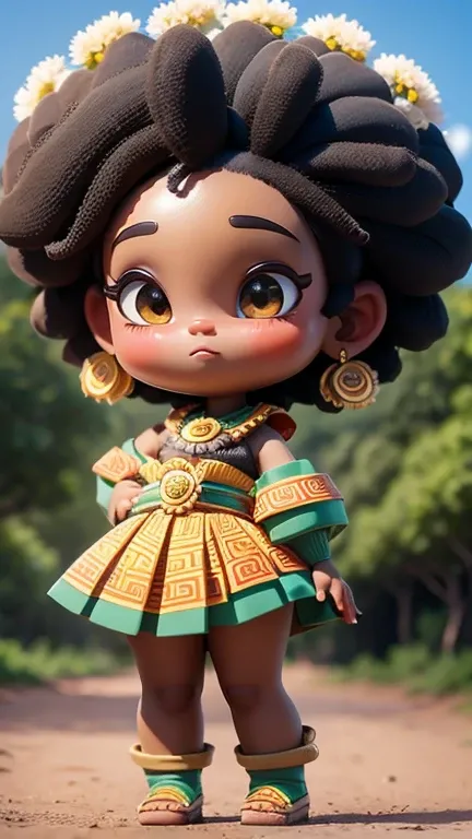 1 woman designed with stereotypical features of zimbabwean traditional culture and history, super deformed small girl, very Cute and pretty girl,  very beautiful face、black skin, afro hair, sexy, african traditional costume, Full body portrait、Outdoor、back...