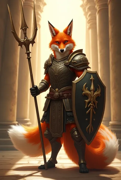 (digital art:1.2), noble male Kitsune with nine flowing tails, standing tall and confident in polished armor, armor adorned with intricate fox motifs and symbols of justice, light red fur with white-tipped ears and tails, piercing amber eyes reflecting det...