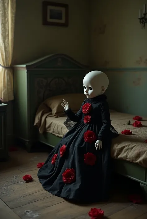 Beautiful room in a simple but creepy house , Porcelain evil doll in black dress with red roses sitting on the bed and pointing to a wardrobe on the left 