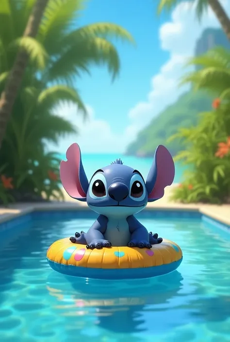 Stitch and with a  sitting on a float in a pool looking straight ahead 