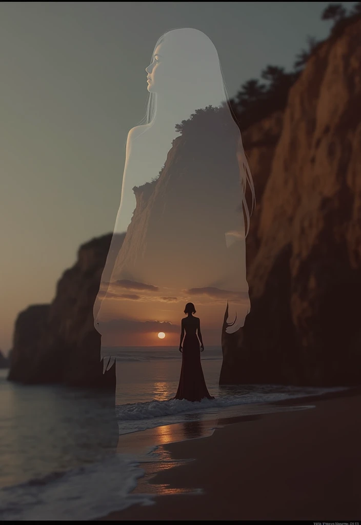 High quality, 8K ultra HD, Una hermosa double exposure que combina una silueta de diosa con la costa al atardecer,  the coast at dusk should serve as a backdrop , with its details incorporated into the goddess, sharp lines, The background is monochrome,  s...