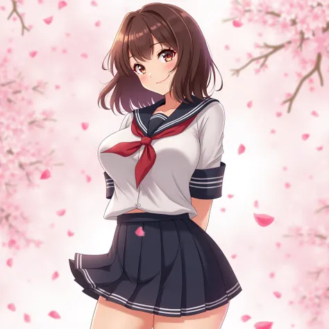 NSFW thicc fit anime girl mid back brown wavy hair and chocolate brown eyes, school girl outfit, mini skirt and large breasts, smiling with her arms behind her back pushing up her breasts with sakura petals falling behind her