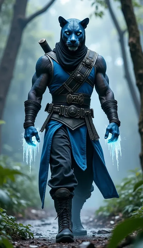  Imagine a humanoid jaguar fused with Sub-Zero from Mortal Kombat ,  walking through the dense Amazon rainforest .  He wears a predominantly blue and black , with silver details.  The upper part consists of a blue vest with texture and geometric details , ...