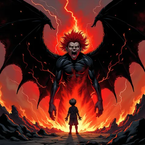  The  boy is in a state of extreme fury ,  your presence dominating the scene of Hell .  His red hair seems to shake in a storm ,  your dark demonic gaze shines with intense anger .  The expression on your face is of pure desperation and determination ,  w...