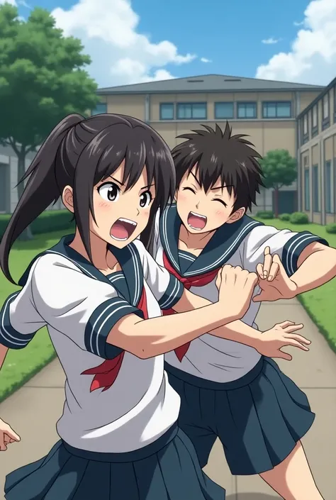 High school girl  (anime)  punching a high school boy (anime)