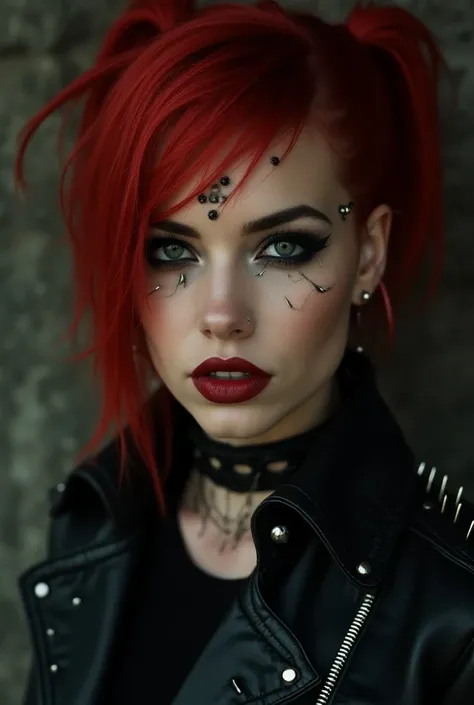 a close up of a woman with red hair and piercings, punk angry gorgeous goddess, punk dark fantasy, punk vibes, in punk style, punk photo, beautiful punk woman model, punk vibe, in a punk setting, punk look, punk girl, in punk aesthetic, punk beautiful girl...